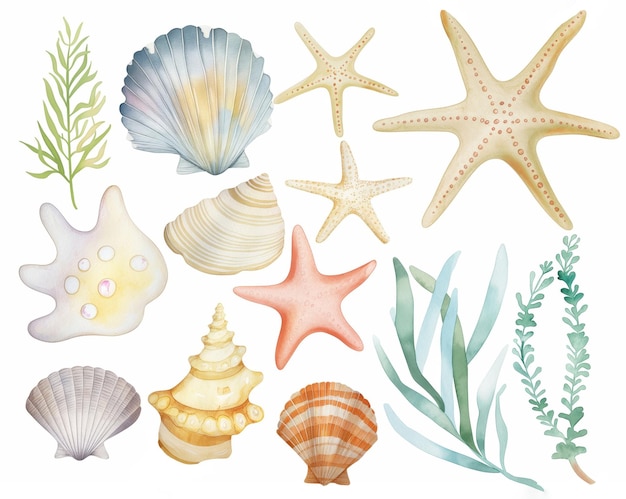 Watercolor set of cute underwater starfish shell and algae for cute baby design