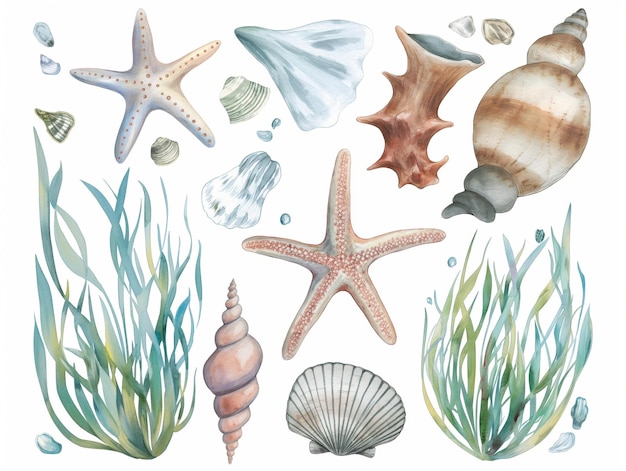 Watercolor set of cute underwater starfish shell and algae for cute baby design