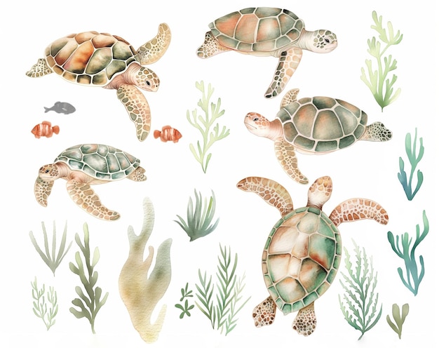 Watercolor set of cute underwater turtles and algae for cute baby design