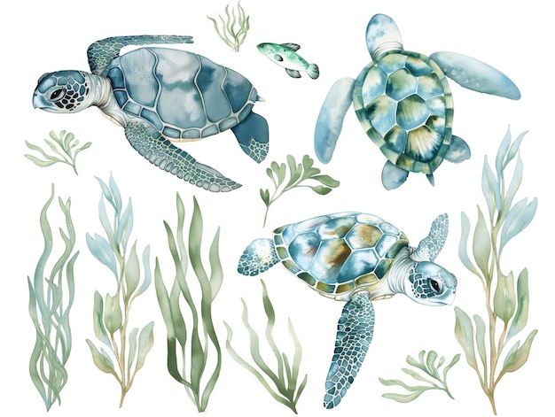 Watercolor set of cute underwater turtles and algae for cute baby design