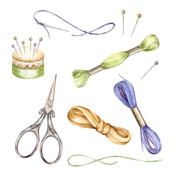 watercolor set embroidery tools hand drawn sketch of handiwork scissors flosses yarn pins pincushion