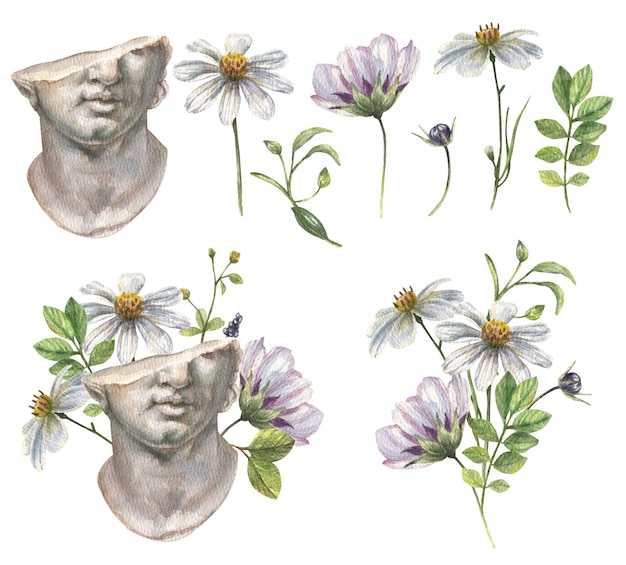 Watercolor set of Greek classical head sculpture, a bouquet of delicate wild flowers, daisies.