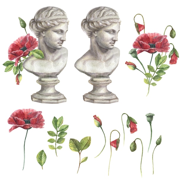 Watercolor set of Greek classical sculpture of a female head, a bouquet of wild flowers