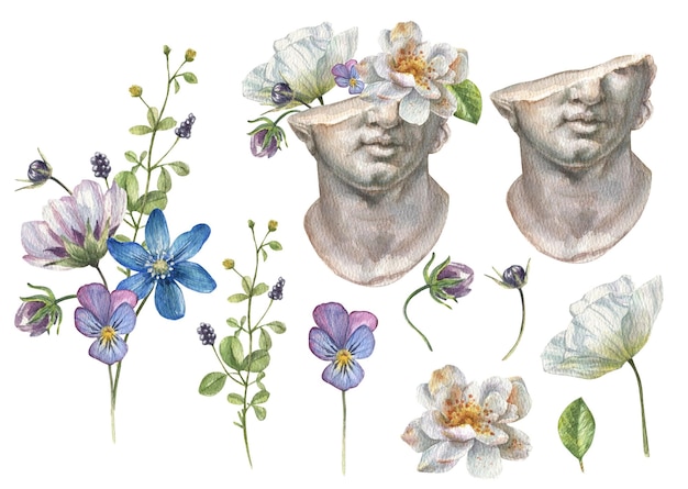 Watercolor set of Greek classical sculpture of a head, a bouquet of delicate wildflowers.