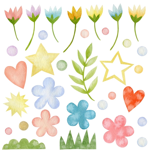 Watercolor set of illustrations flowers stars heart green grass