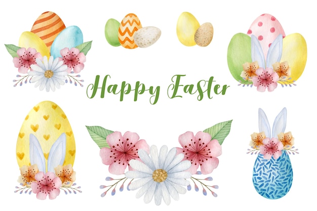 Watercolor set of illustrations of spring flower arrangements Happy Easter Happy Holidays