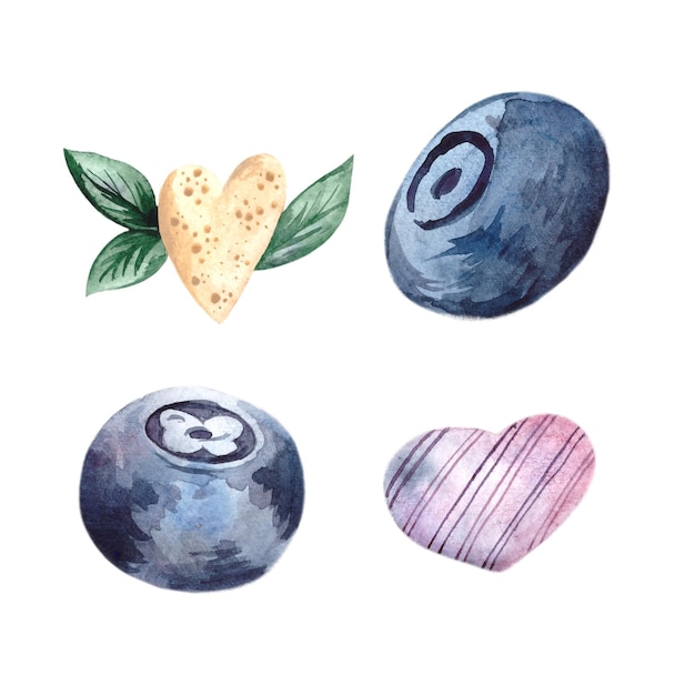 Watercolor set of illustrations with blueberries and hearts