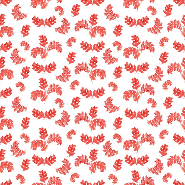 Watercolor set of seamless patterns with stylized red acanthus leaves