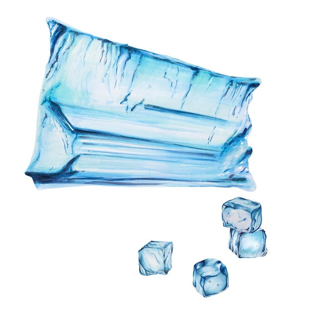 Watercolor set of snow mountain and ice cubes Hand painting clipart pieces of ice on a white