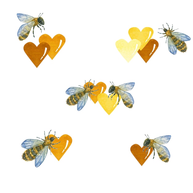 Watercolor set with honey hearts and bees on a white background For design in advertising printing textiles