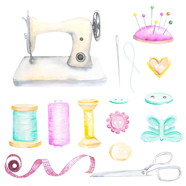 Watercolor sewing setHangers buttonsthreadsribbonsewing machineneedleworkembroideryscissors