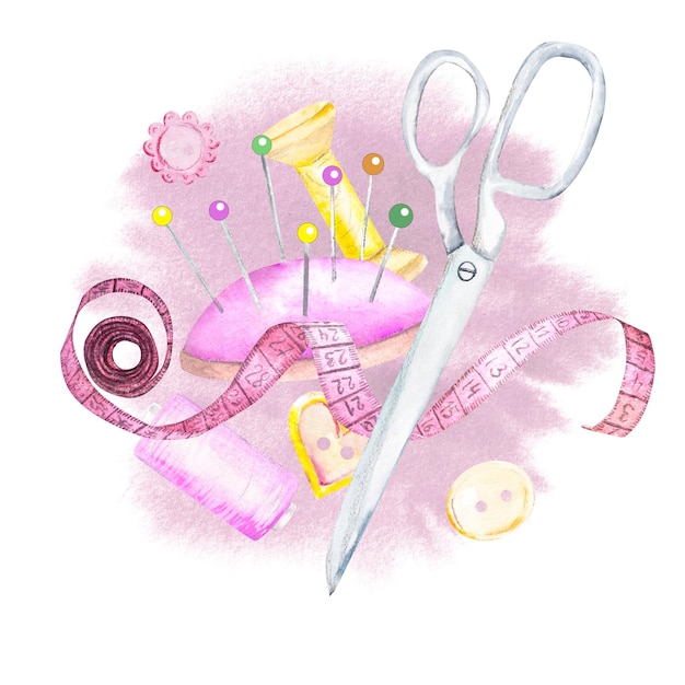 Watercolor sewing setHangers buttonsthreadsribbonsewing machineneedleworkembroideryscissors