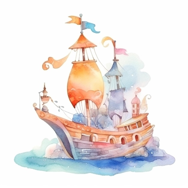 Watercolor ship with a lighthouse on the top. watercolor illustration.