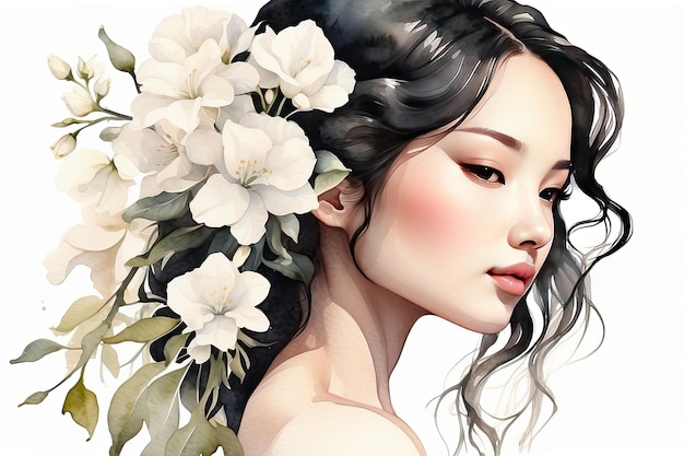 The watercolor silhouette of asian woman with delicate white spring flowers in her hair is spring and summer portrait Freedom femininity wedding Barber bride AI generated