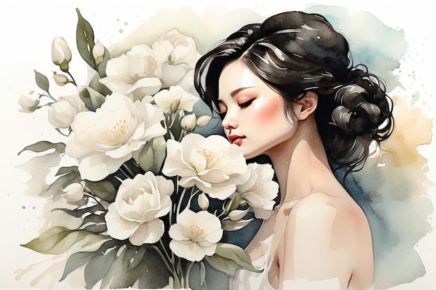 The watercolor silhouette of asian woman with delicate white spring flowers in her hair is spring and summer portrait Freedom femininity wedding Barber bride AI generated