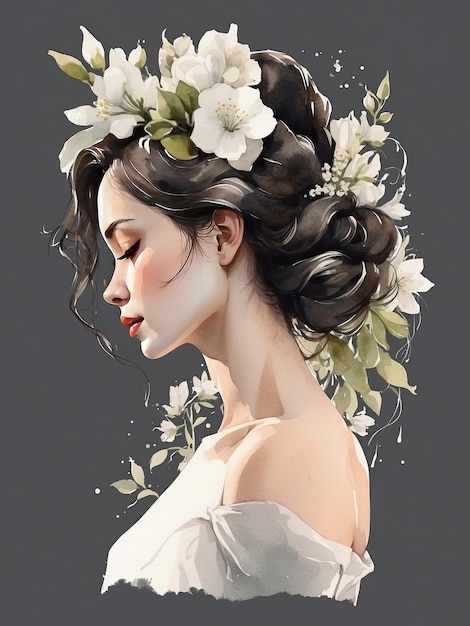 The watercolor silhouette of asian woman with delicate white spring flowers in her hair is spring and summer portrait Freedom femininity wedding Barber bride AI generated