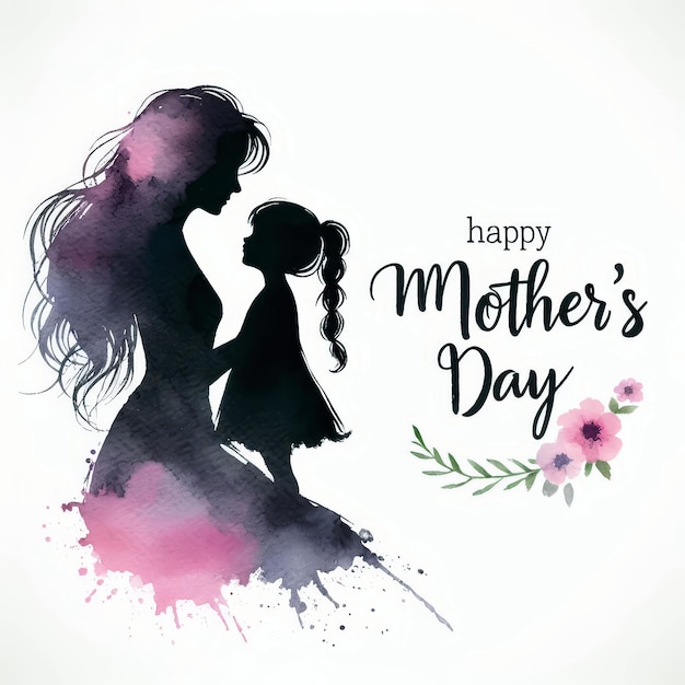 Watercolor silhouette illustration of mother and daughter with text happy mothers day