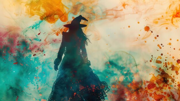 Watercolor Silhouette Of A Witch In A Pointed Hat