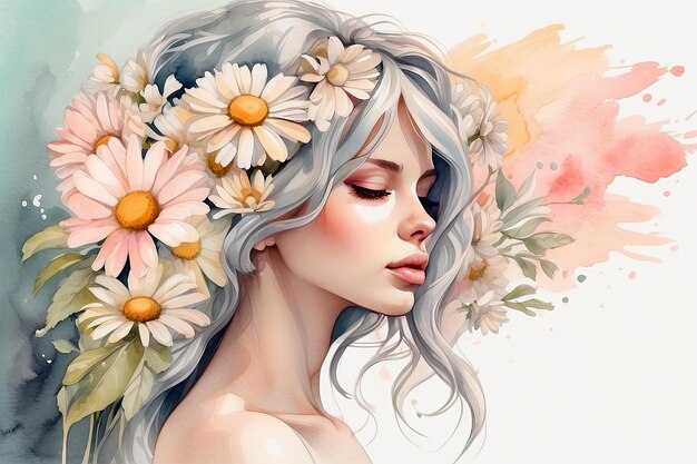 The watercolor silhouette of woman with delicate daisies flowers in her hair is spring and summer portrait Freedom femininity wedding makeup stylist Barber bride AI generated