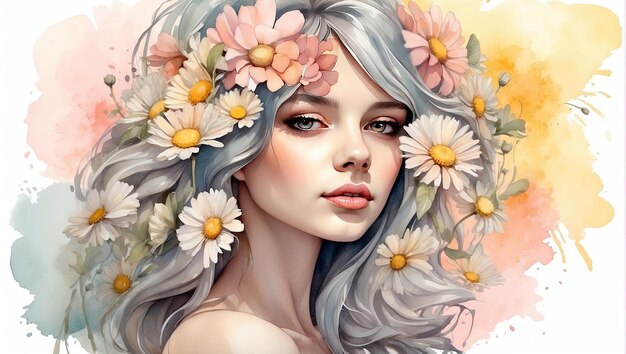 The watercolor silhouette of woman with delicate daisies flowers in her hair is spring and summer portrait Freedom femininity wedding makeup stylist Barber bride AI generated