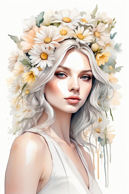 The watercolor silhouette of woman with delicate daisies flowers in her hair is spring and summer portrait Freedom femininity wedding makeup stylist Barber bride AI generated