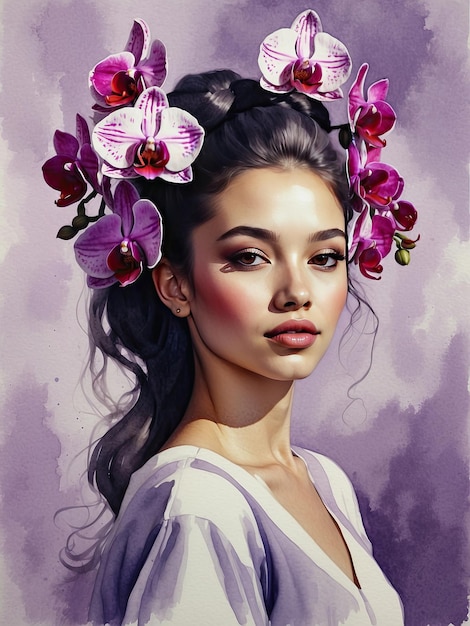 The watercolor silhouette of woman with delicate purple orchids flowers in her hair is spring and summer portrait Freedom femininity wedding makeup stylist Barber bride AI generated