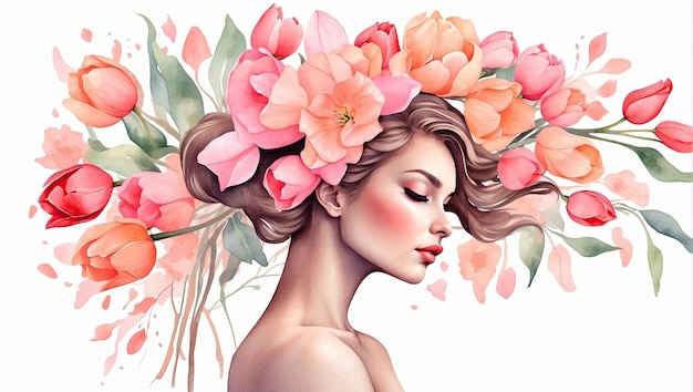 The watercolor silhouette of woman with delicate tulips flowers in her hair is spring and summer portrait Freedom femininity wedding makeup stylist Barber bride AI generated