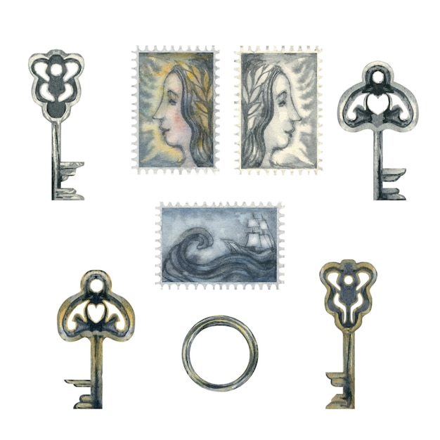 Photo watercolor silver and gold keys and old stamps from an antique writing set for design template