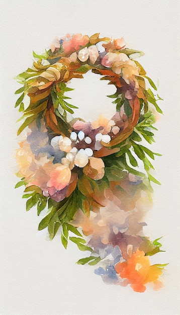 Watercolor simple floral wreath and plant branches wreath hand painted on a white backgroundScandinavian style with greenery Round holiday frame for invitations greeting cards Boho lifestyle