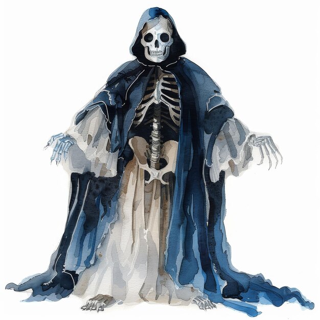 Photo watercolor skeleton ghost in flowing cloak