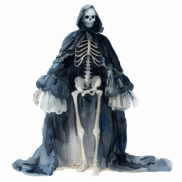 Photo watercolor skeleton ghost in flowing cloak