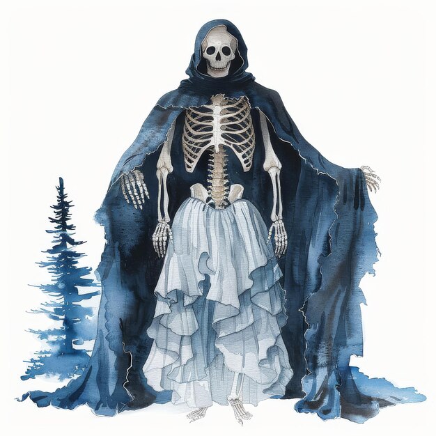 Watercolor Skeleton Ghost with Tattered Cloak