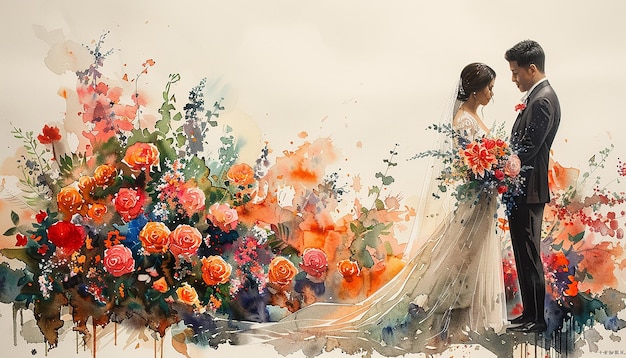 Photo watercolor sketch bride and groom with spectacular background