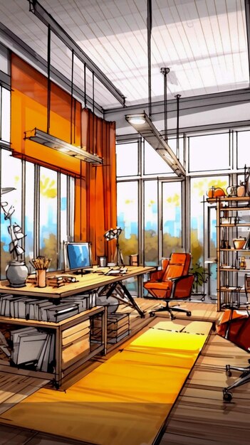 Photo watercolor and sketch bright interior of a office hand drawn style illustration ai generated