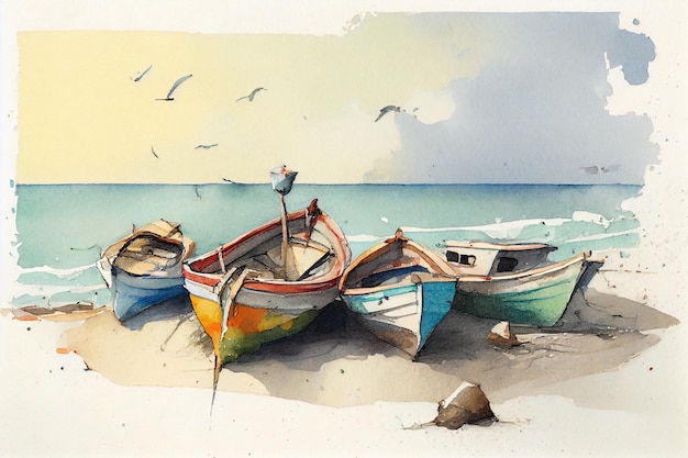 a watercolor sketch of a group of boats on the beach