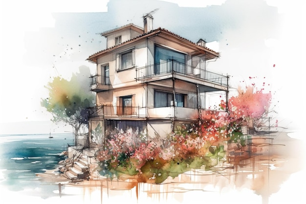 A watercolor sketch of a house by the ocean generative ai image