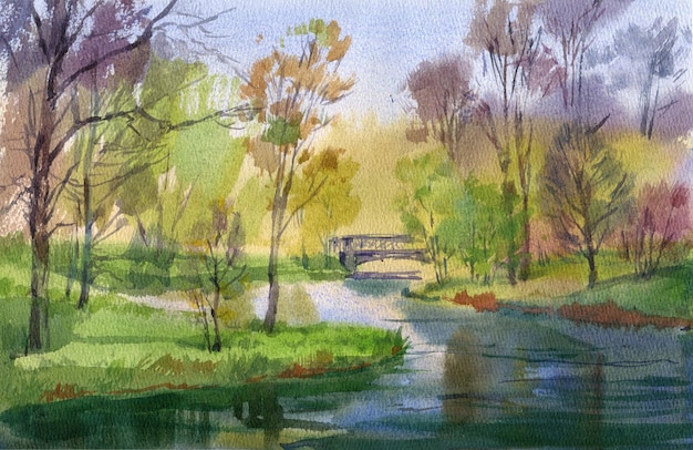 Watercolor sketch illustration of landscape with river