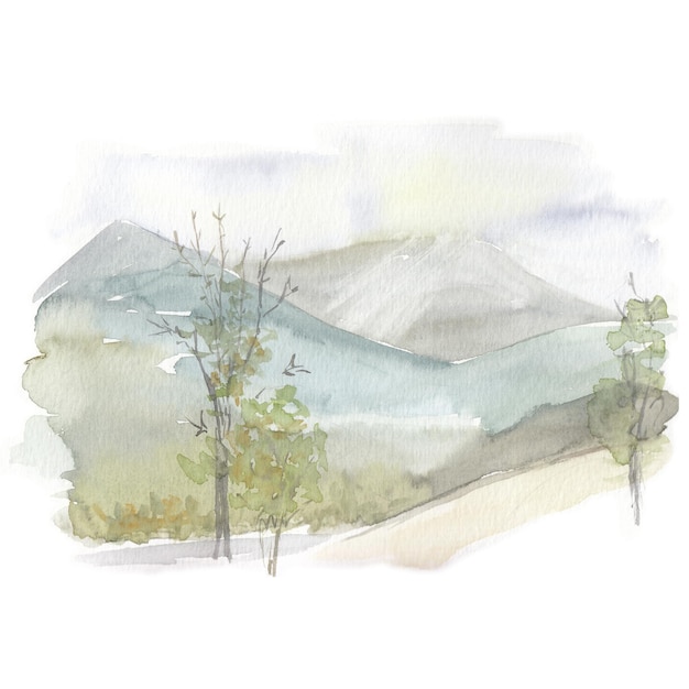 Watercolor sketch landscape, hand-drawn drawing watercolor mountain landscape, watercolor illustration isolated on white background.