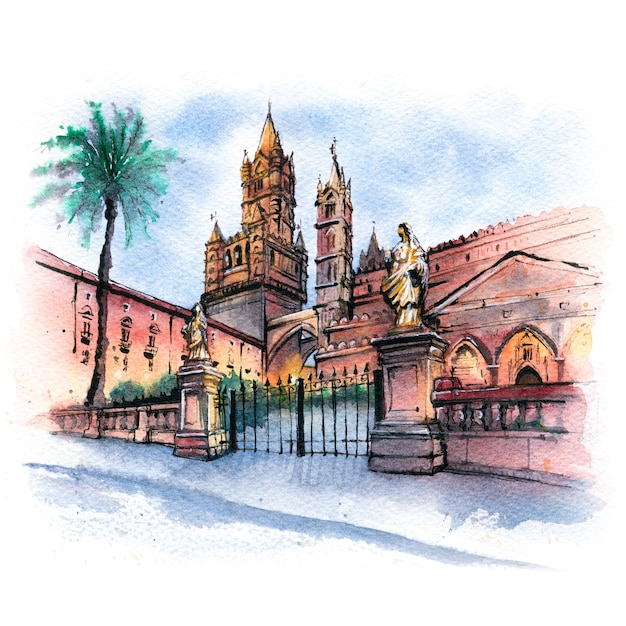 Watercolor sketch of Metropolitan Cathedral of the Assumption of Virgin Mary in Palermo