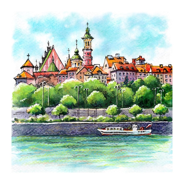 Watercolor sketch of old town in warsaw poland