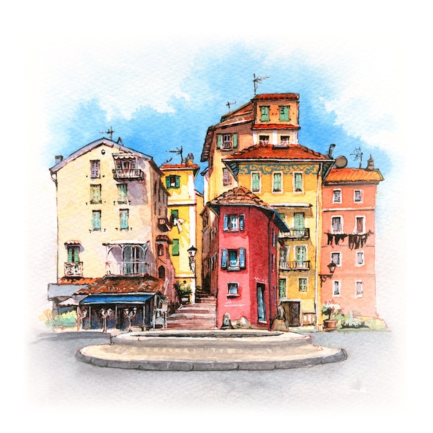 Watercolor sketch of Provencal house, Menton, France