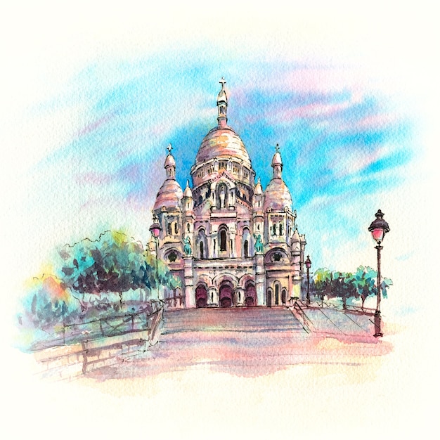 Watercolor sketch of Sacre-Coeur, Paris, France