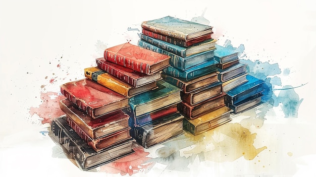 Photo watercolor sketch of stacks of books on white background