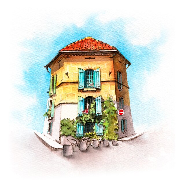 Watercolor sketch of typical Provencal house in Arles, Provence, France