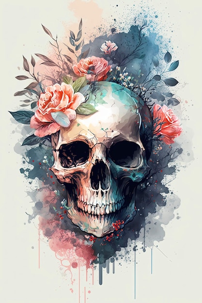 watercolor skull flower