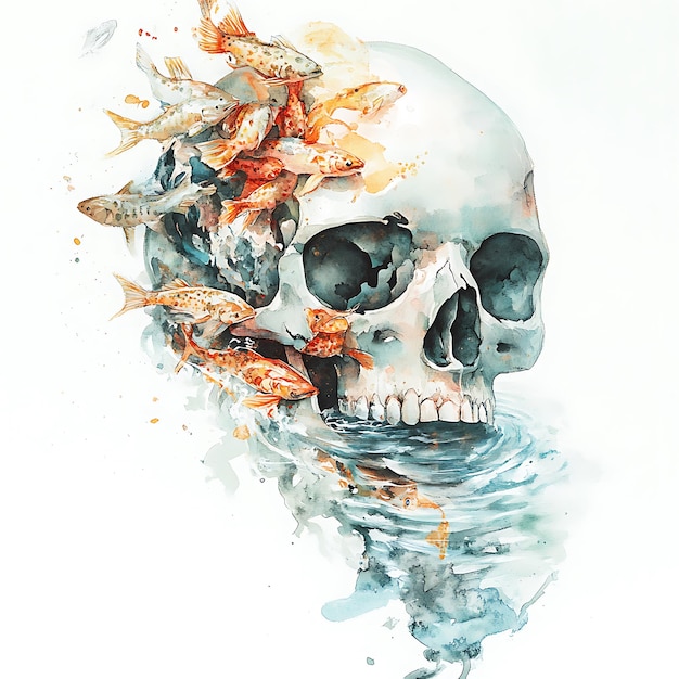 Watercolor Skull with Fish and Water