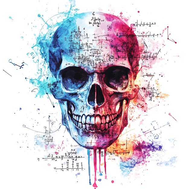 Watercolor Skull with Mathematical Equations and Splatter