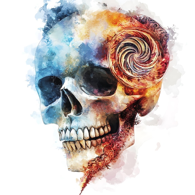 Watercolor Skull with Spiral Design