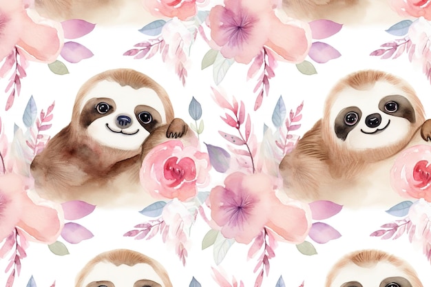 Watercolor sloth on a pink background