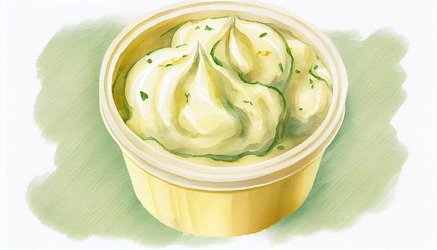 Watercolor Small pot of garlic mayonnaise isolated from above with Generative AI Technology